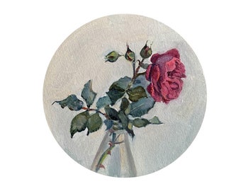 Original Rose Painting: Fine Art Still Life on Round Canvas (7.8")