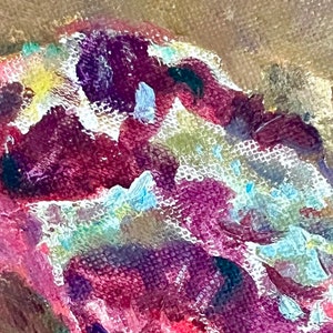 May include: Abstract painting with a textured surface. The painting features a mix of purple, pink, blue, and green colors.