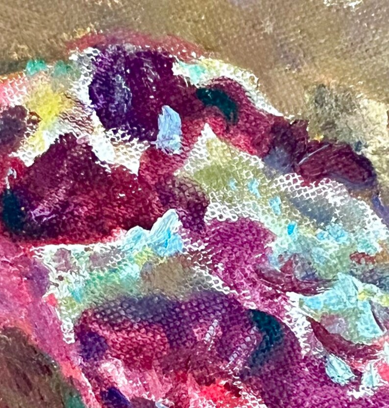 May include: Abstract painting with a textured surface. The painting features a mix of purple, pink, blue, and green colors.