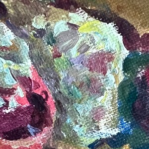 May include: Abstract painting with a mix of colors including green, blue, purple, and yellow. The paint is applied in thick strokes, creating a textured surface.