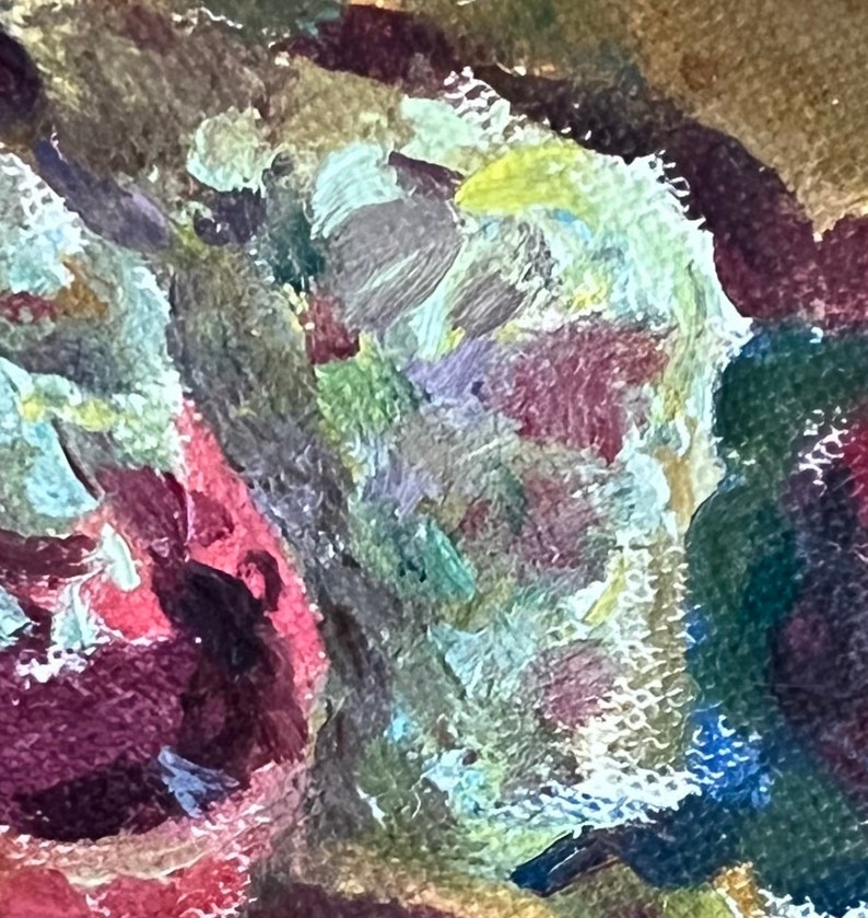 May include: Abstract painting with a mix of colors including green, blue, purple, and yellow. The paint is applied in thick strokes, creating a textured surface.