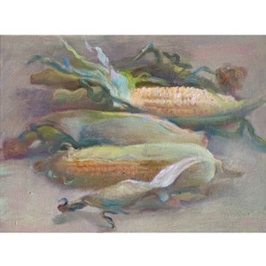 Original Corn Oil Painting: Still Life Vegetable Art, 12x16 Canvas