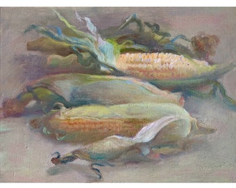 Original Corn Oil Painting: Still Life Vegetable Art, 12x16 Canvas