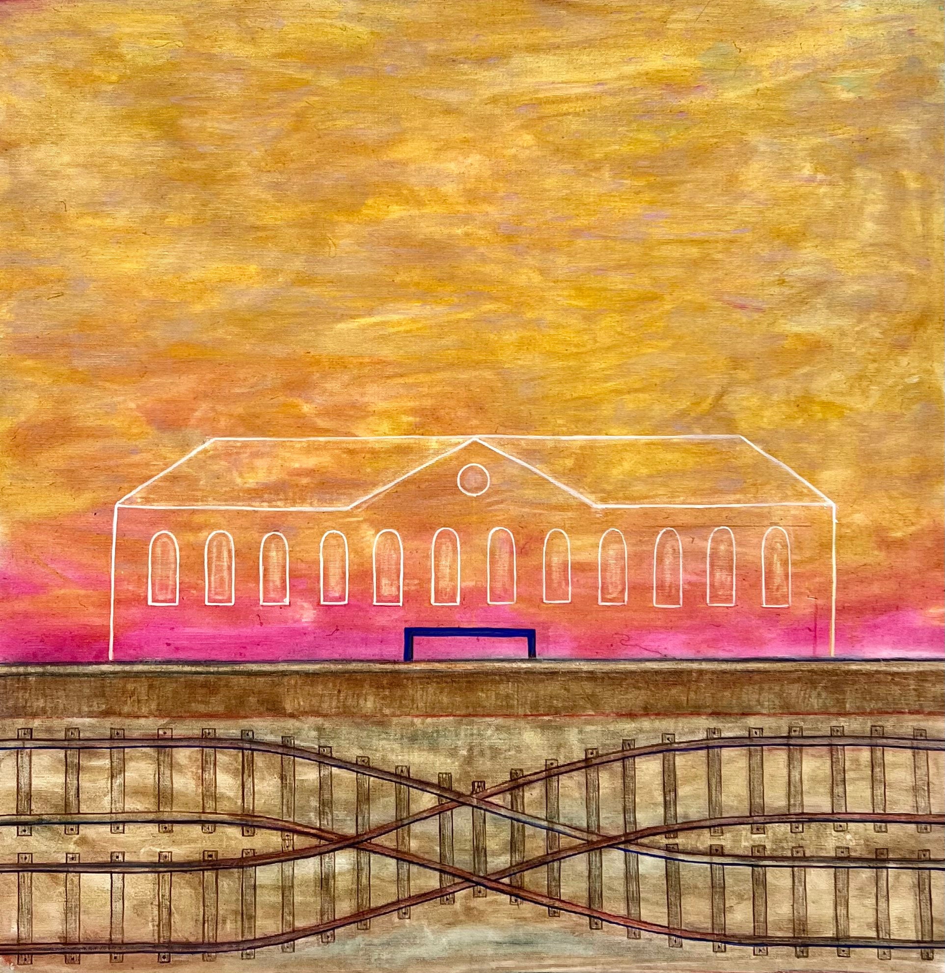鉄道駅の絵画：シュルレアリスムのアートワーク、オリジナルキャンバス