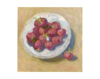 Pintura al óleo de fresa: Bodegón de frutas, decoración de cocina (30,5 x 30,5 cm)