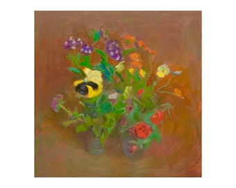 Violet Pots Painting: Botanical Flower Oil Painting, 12x12 Original Art