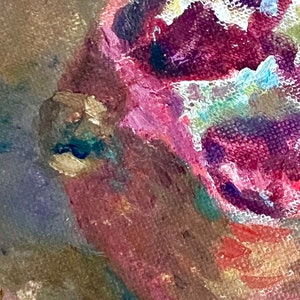 May include: Close-up of a painting of a red, purple, and gold fruit. The fruit has a textured surface and is painted in a loose, impressionistic style.