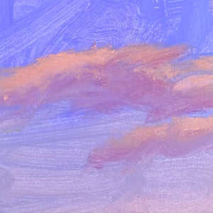 May include: A painting depicting a sky with pink and purple clouds. The sky is a light blue colour and the clouds are a soft pink and purple.