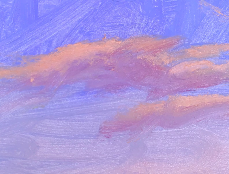 May include: A painting depicting a sky with pink and purple clouds. The sky is a light blue colour and the clouds are a soft pink and purple.