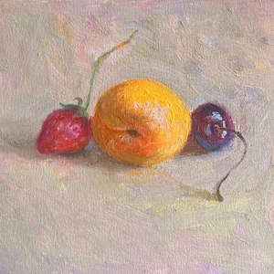 Original Still Life Fruit Painting: Strawberry, Apricot, Cherry Art (5x7)