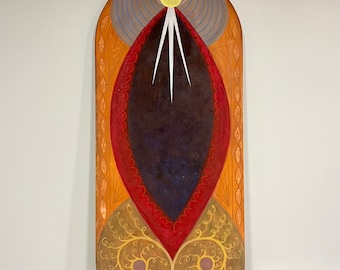Abstract Geometric Wood Painting: Surreal Spiritual Portal Art, 55x24 in