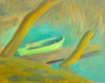 Boot Landschaftsmalerei: Original Kunstwerk Fluss, 13x18