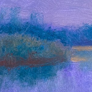 May include: Abstract painting with a purple background and blue and green brushstrokes. The painting has a hazy, atmospheric feel.