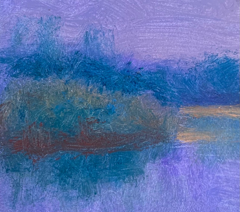 May include: Abstract painting with a purple background and blue and green brushstrokes. The painting has a hazy, atmospheric feel.