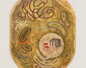 Surreal Molecule Painting: Chair Nucleus, Tempera on Wood, 47x40 inch