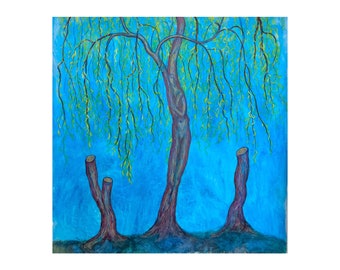 Surrealist Tree Tempera Painting: Dreamlike Symbolic Artwork, 50x50 inches