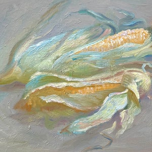 Corn Oil Painting: Original Vegetable Still Life, Kitchen Wall Art (12x16)