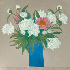 Cuadro de Peonías Blancas – Arte Floral Romántico para Pared – Obra de Arte Floral Botánica en Colores Pastel – Pintura Original en Madera de MAVARTO