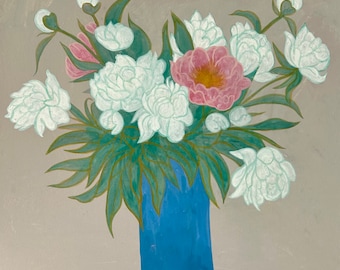 White Peonies Painting: Romantic Floral Art on Wood