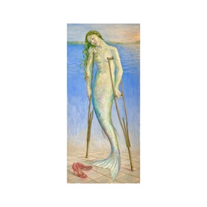 Surrealistyczna syrena na płótnie | Sztuka feminizmu | Duży format 60x28 cali | Metaforyczna syrena na kulach | Symboliczne dzieło sztuki autorstwa MAVARTO