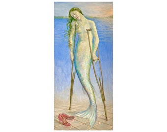 Surreal Mermaid Painting on Canvas | Feminism Art | Large 60x28 inches | Metaphorical Mermaid on Crutches | Symbolic Artwork by MAVARTO