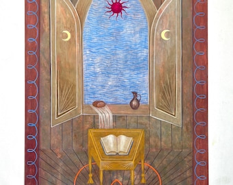 Sun and Moon Tempera Painting: Surreal Celestial Art on Wood