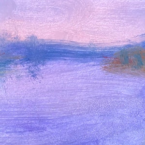 May include: Abstract painting in a purple and blue colour scheme. The painting depicts a landscape with a body of water in the foreground and a hazy horizon in the background.