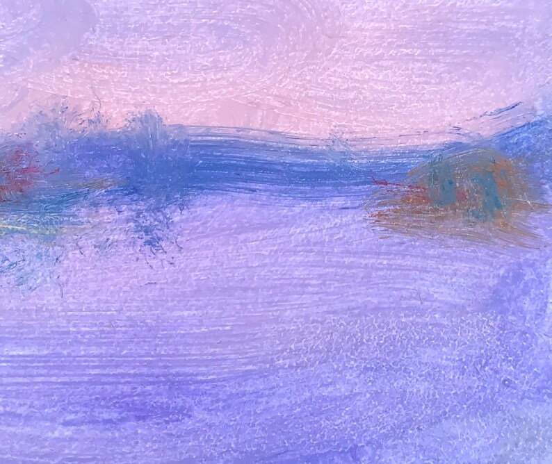 May include: Abstract painting in a purple and blue colour scheme. The painting depicts a landscape with a body of water in the foreground and a hazy horizon in the background.
