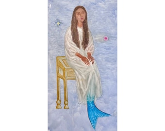 Surreal Mermaid Tempera Painting | Female Portrait Wall Art | 60x32 inches by MAVARTO