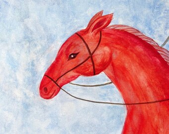 馬の油彩画 赤い窓　金縁付き　新品未使用 赤い馬の絵画：キャンバスに描かれたファンタジー動物アート - 55 x 55