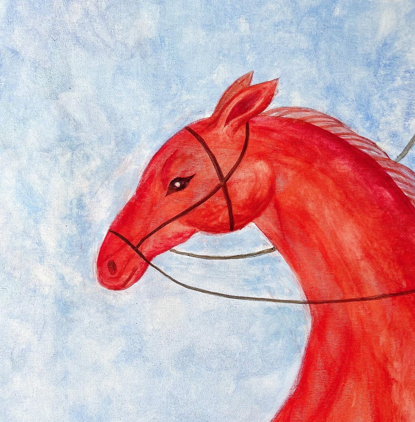 赤い馬の絵画：キャンバスに描かれたファンタジー動物アート - 55 x 55