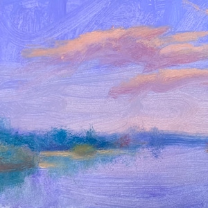 May include: A painting depicting a purple sky with pink clouds above a body of water. The water is a light purple colour and there are trees in the background.