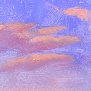 May include: A painting depicting a purple sky with pink and orange clouds. The clouds are painted in a loose, abstract style.