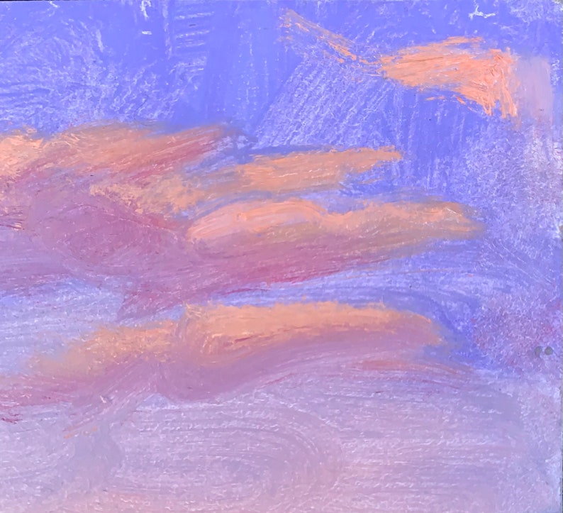 May include: A painting depicting a purple sky with pink and orange clouds. The clouds are painted in a loose, abstract style.