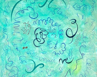 Original Abstract Birdsong Painting: Yellow Blue Geometric Aura Art 40x40