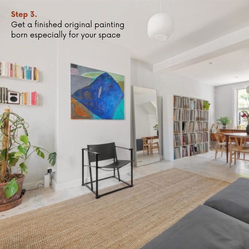 May include: A living room interior with a large abstract painting on the wall, a black leather chair, a rug, and a bookshelf filled with books. The text "Step 3. Get a finished original painting born especially for your space" is visible at the top of the image.