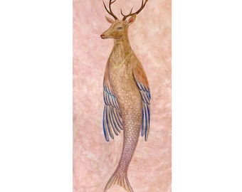 Surrealist Tempera Painting: Hybrid Fish-Deer-Bird Creature, Symbolic Fantasy Artwork 40x60 in