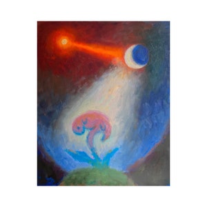 Pintura Mística Original de Arte em Embrião de Sol e Lua | Óleo sobre Papelão 61 x 50 cm | Obra de Visionário Noturno de MAVARTO