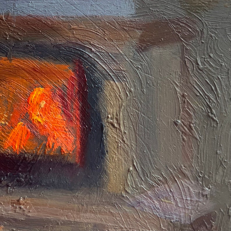 May include: Abstract painting with a textured, brushstroke style. The painting features a large, rectangular shape in the center, with a smaller, rectangular shape inside. The colors are mostly muted, with shades of brown, gray, and orange.