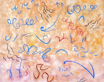 Birdsong Abstract Painting: Beige Tempera Line Art on Canvas, 47x39