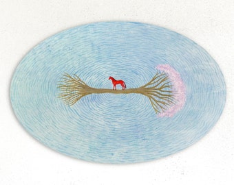 Original Tempera Painting: Red Horse, Sea, Tree - Handmade Oval Wood Art