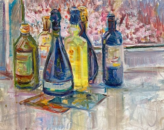Bodegón de botella de vino, pintura al óleo: arte de pared para cocina (16 x 12)