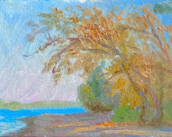 Landscape Lake Painting Fall Original Artwork Canvas Art Trees Painting 5 by 7 by MAVKOART