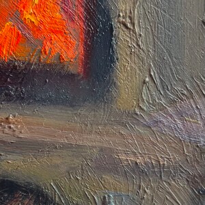 May include: Abstract painting with textured brushstrokes in shades of orange, black, and gray.