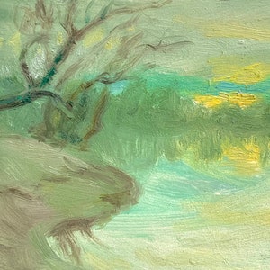Beach Painting Green Landscape art Impressionist Art Spring Artwork River Painting Small Oil Paint 7 x 5 by MAVARTO