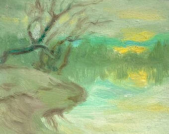 Pintura al óleo de paisaje verde: arte playero impresionista, 7x5