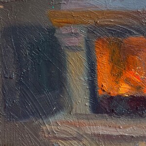 May include: Abstract painting with a textured surface. The painting features a dark gray rectangle, a light gray rectangle, and a bright orange rectangle. The rectangles are arranged in a geometric pattern.
