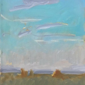 May include: A painting of a landscape with a blue sky and white clouds. The foreground is a field of green grass with two brown bushes.
