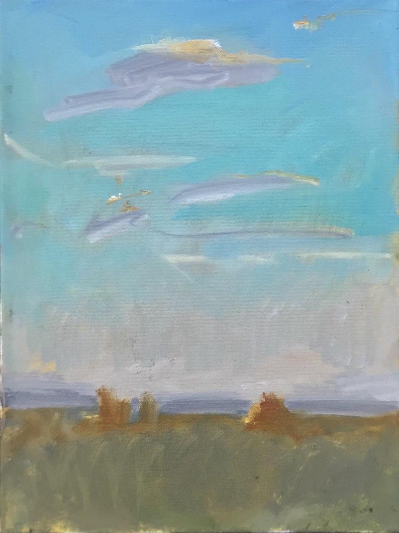 May include: A painting of a landscape with a blue sky and white clouds. The foreground is a field of green grass with two brown bushes.