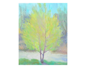 May include: A painting of a single tree with yellow-green leaves in a field. The tree has a light purple trunk and branches. The background is a soft blue sky with a few other trees in the distance.